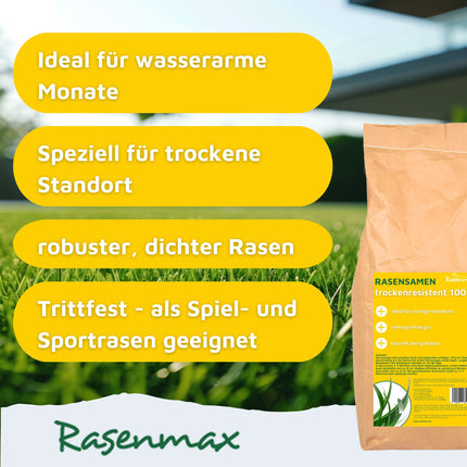 Rasenmax Rasensamen trockenresistent - Grassamen für trockene Standorte, 2,5 kg, 100 m2