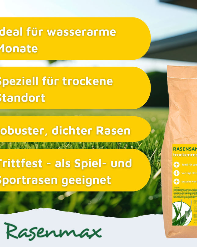 Rasenmax Rasensamen trockenresistent - Grassamen für trockene Standorte, 2,5 kg, 100 m2